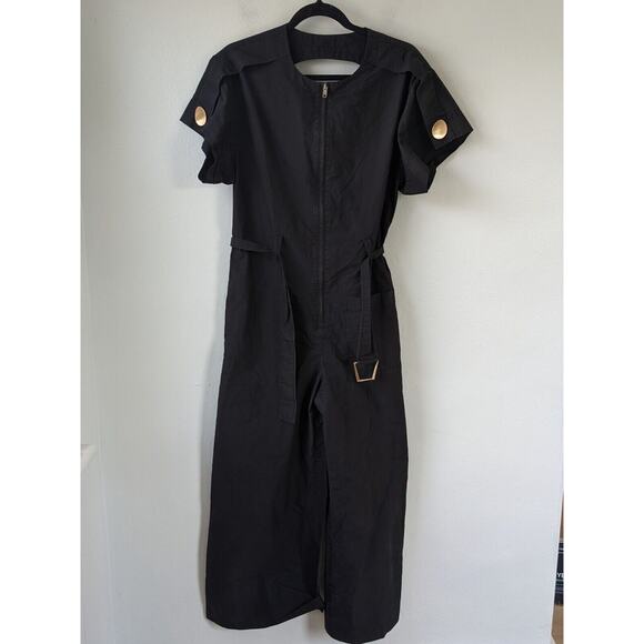 3:1 Phillip Lim Size 6 Flared Cut Out Jumpsuit Black Belted Short Sleeves - Picture 2 of 15